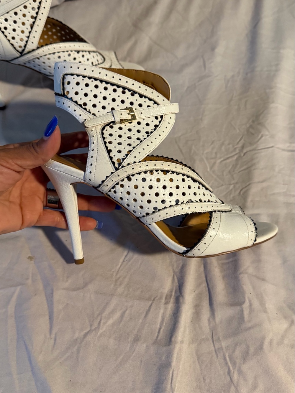 Nine West White Perforated Strappy Stiletto Sandals - Picture 2 of 7